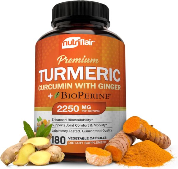 NutriFlair Turmeric Curcumin with Ginger and BioPerine Black Pepper Supplements, 180 Capsules - 95% Curcuminoids - Joint Support, Antioxidant, Anti Aging - Natural, Non-GMO, Vegan Best Maximum Potency