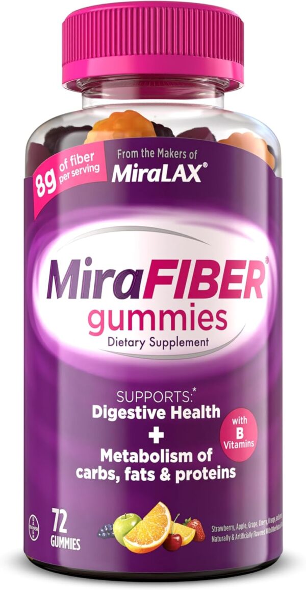 MiraFIBER Gummies | From The Gut Experts at MiraLAX | 8g of Daily Prebiotic Fiber with B Vitamins to Support Digestive Health and Metabolism | Fruit Flavored Fiber Gummies, 72 Count