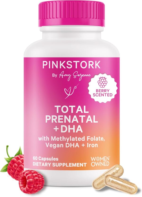 Pink Stork Total Prenatal Vitamins with DHA, Folate, Iron, Choline, and Vitamin B12 - Prenatals for Women to Support Fetal Development, Pregnancy Must Haves - 60 Capsules, 1 Month Supply