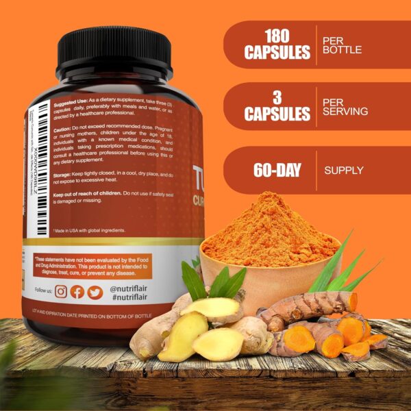 NutriFlair Turmeric Curcumin with Ginger and BioPerine Black Pepper Supplements, 180 Capsules - 95% Curcuminoids - Joint Support, Antioxidant, Anti Aging - Natural, Non-GMO, Vegan Best Maximum Potency - Image 2