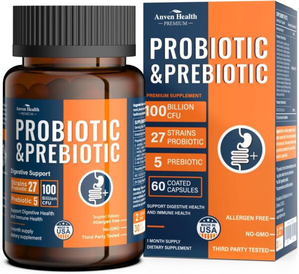 100 Billion Probiotics for Men and Women 27 Strains 5 Organic Prebiotics for Gut Digestive & Immune Health, Supports Diarrhea Gas Bloating, Vegan Probiotic Supplement Formula丨60 Caps