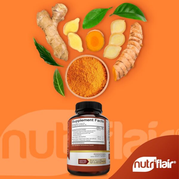 NutriFlair Turmeric Curcumin with Ginger and BioPerine Black Pepper Supplements, 180 Capsules - 95% Curcuminoids - Joint Support, Antioxidant, Anti Aging - Natural, Non-GMO, Vegan Best Maximum Potency - Image 4