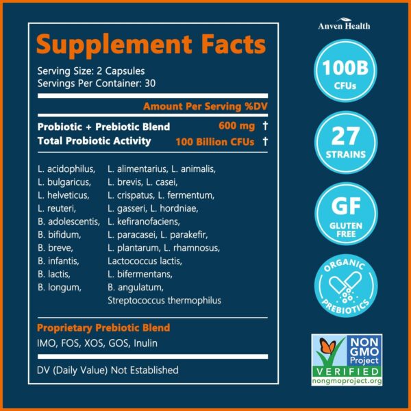 100 Billion Probiotics for Men and Women 27 Strains 5 Organic Prebiotics for Gut Digestive & Immune Health, Supports Diarrhea Gas Bloating, Vegan Probiotic Supplement Formula丨60 Caps - Image 2