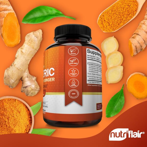 NutriFlair Turmeric Curcumin with Ginger and BioPerine Black Pepper Supplements, 180 Capsules - 95% Curcuminoids - Joint Support, Antioxidant, Anti Aging - Natural, Non-GMO, Vegan Best Maximum Potency - Image 3