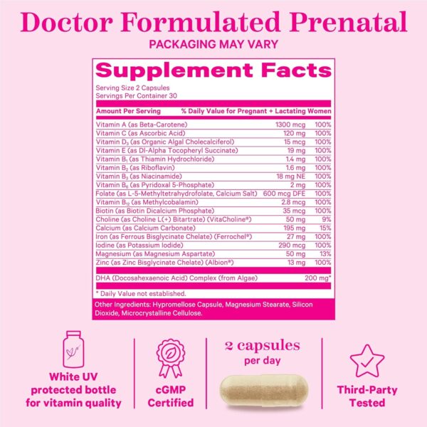 Pink Stork Total Prenatal Vitamins with DHA, Folate, Iron, Choline, and Vitamin B12 - Prenatals for Women to Support Fetal Development, Pregnancy Must Haves - 60 Capsules, 1 Month Supply - Image 4