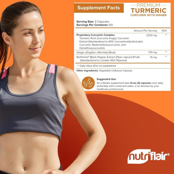 NutriFlair Turmeric Curcumin with Ginger and BioPerine Black Pepper Supplements, 180 Capsules - 95% Curcuminoids - Joint Support, Antioxidant, Anti Aging - Natural, Non-GMO, Vegan Best Maximum Potency - Image 6