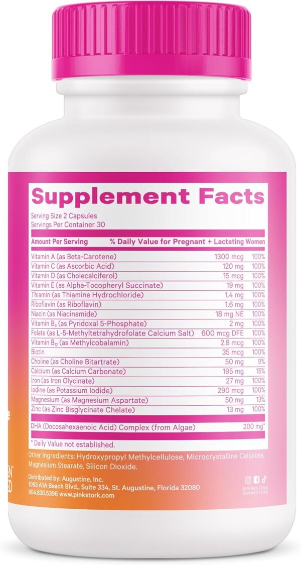 Pink Stork Total Prenatal Vitamins with DHA, Folate, Iron, Choline, and Vitamin B12 - Prenatals for Women to Support Fetal Development, Pregnancy Must Haves - 60 Capsules, 1 Month Supply - Image 3