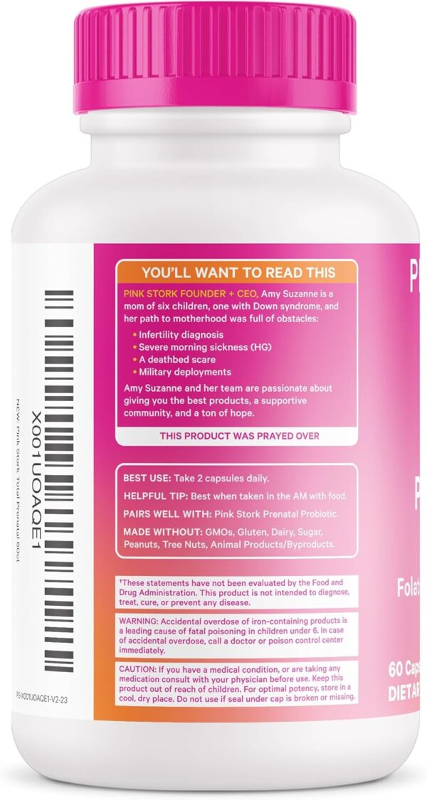 Pink Stork Total Prenatal Vitamins with DHA, Folate, Iron, Choline, and Vitamin B12 - Prenatals for Women to Support Fetal Development, Pregnancy Must Haves - 60 Capsules, 1 Month Supply - Image 2