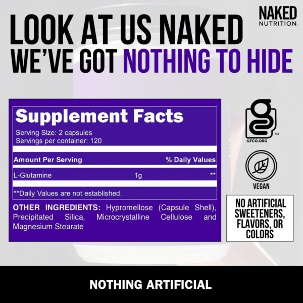 Naked L-Glutamine Muscle Recovery Capsules, 1000mg, 240 Count, Made in The USA, Non-GMO, Gluten and Soy Free - Image 2