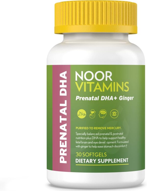 Noor Vitamins Halal Prenatal Vitamins with DHA and Folic Acid, Essential Vitamins, Ginger to Soothe Mom's Stomach, Iron, Softgels, Prenatal Vitamin Before/During/Post Pregnancy (1 Month Supply)