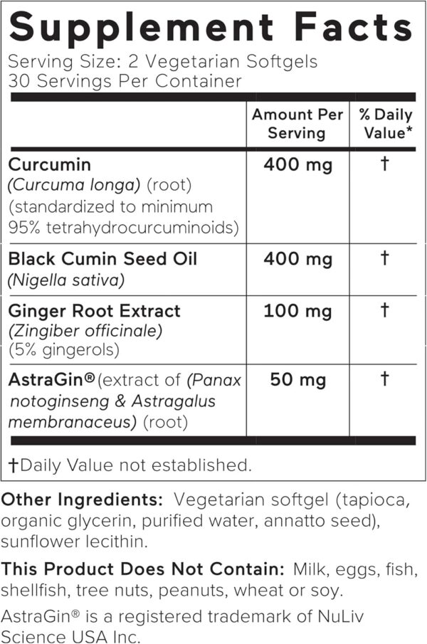 Smarter Nutrition Curcumin Softgels - Potent & Bioavailable, Active Curcumin Standardized to 95% Tetrahydrocurcuminoids with AstraGin Black Cumin Seed Oil & Ginger (60 Count (Pack of 1) - Image 4