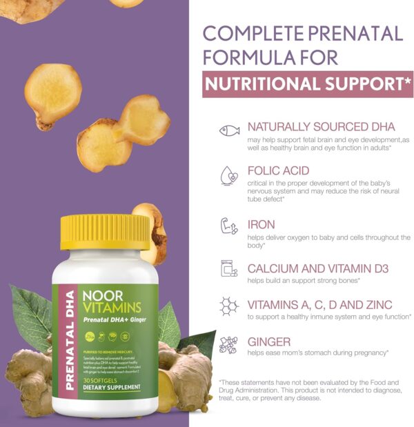 Noor Vitamins Halal Prenatal Vitamins with DHA and Folic Acid, Essential Vitamins, Ginger to Soothe Mom's Stomach, Iron, Softgels, Prenatal Vitamin Before/During/Post Pregnancy (1 Month Supply) - Image 2