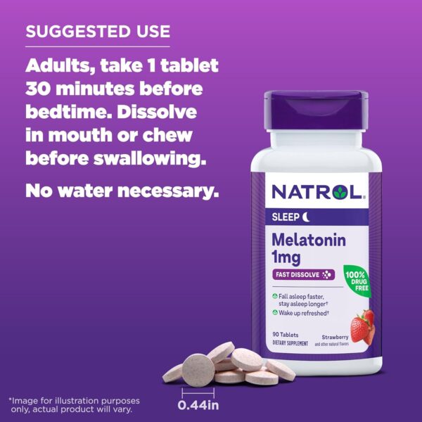 Natrol Fast Dissolve Melatonin 1 mg, Melatonin Supplements for Restful Sleep, Sleep Support for Adults, 90 Strawberry-Flavored Melatonin Tablets, Up to a 90 Day Supply - Image 2