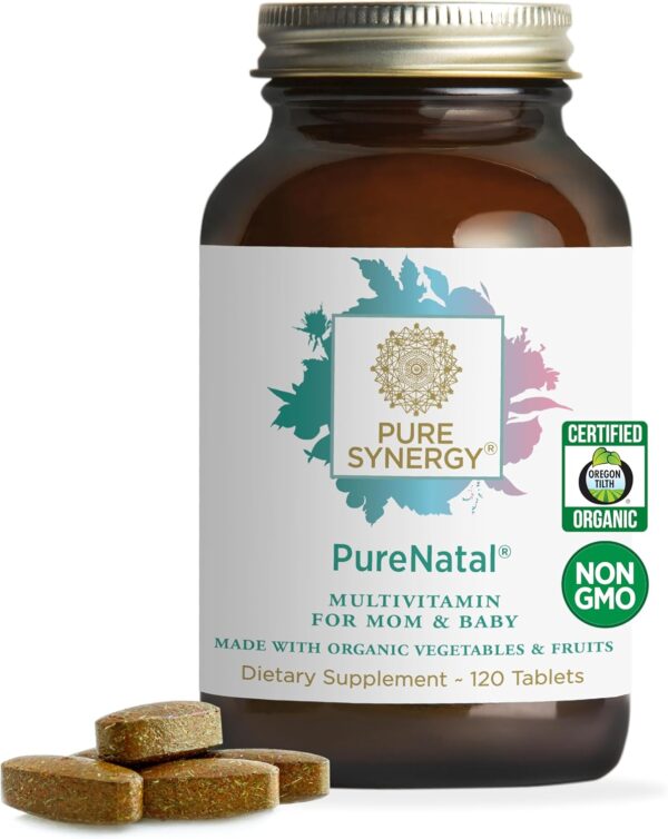 PURE SYNERGY PureNatal Prenatal Vitamins | Vegan Supplement Made with Organic Whole Foods | with Natural Iron, Folate, and Choline | for Pre-Conception, Pregnancy and Breastfeeding (120 Tablets)