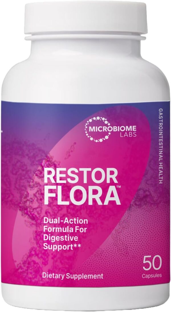 Microbiome Labs Restorflora Probiotics for Digestive Health - Gut Health Supplements with Dual Action Probiotics for Women, Men & Kids 5+ - Support Bowel Regularity & Immune Function (50 Capsules)