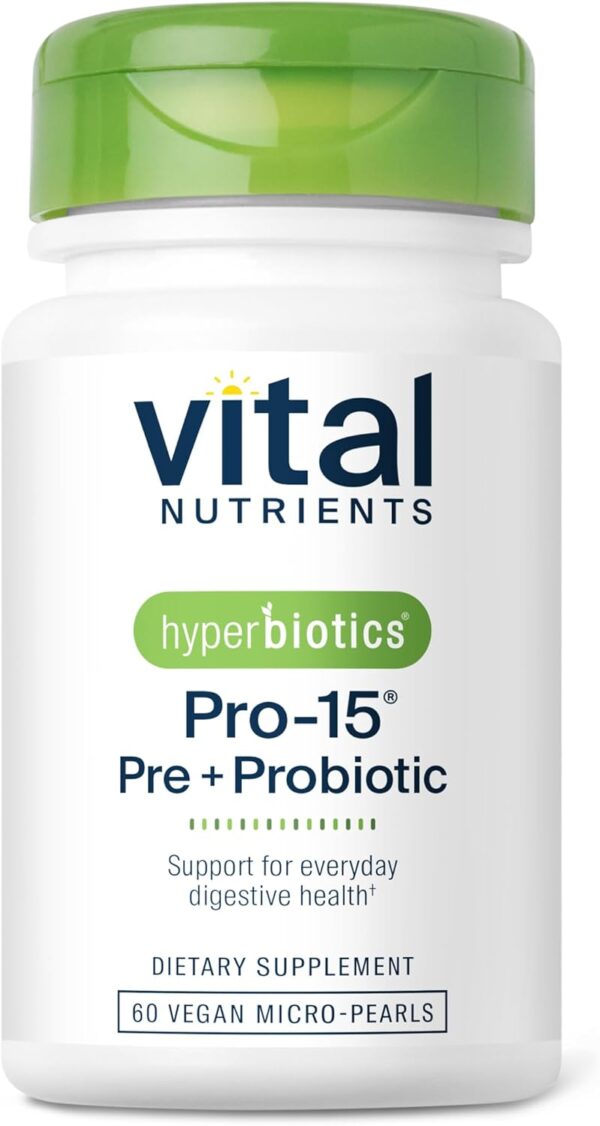 Hyperbiotics Vital Nutrients Pro-15 Pre + Probiotic | 15 Strains| Supports Occasional Constipation, Diarrhea, Gas & Bloating | Immune, Digestive & Gut Health | Shelf-Stable | Vegan | 60 Pearl Tablets