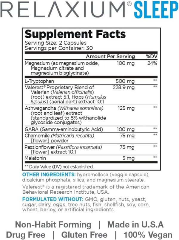 Relaxium Sleep Aid for Adults, Melatonin 5mg with Magnesium Glycinate, Sleep-Promoting Valerest & Ashwagandha, Non-Habit Forming Sleep Supplement, 60 Capsules, 30-Day Supply - Image 2