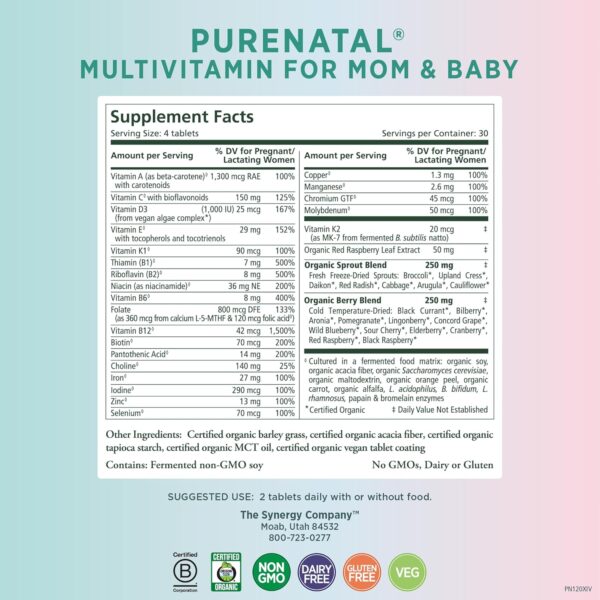 PURE SYNERGY PureNatal Prenatal Vitamins | Vegan Supplement Made with Organic Whole Foods | with Natural Iron, Folate, and Choline | for Pre-Conception, Pregnancy and Breastfeeding (120 Tablets) - Image 2