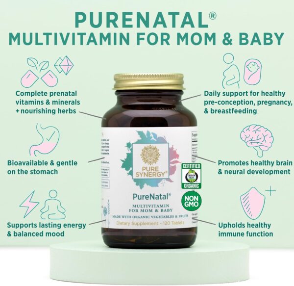 PURE SYNERGY PureNatal Prenatal Vitamins | Vegan Supplement Made with Organic Whole Foods | with Natural Iron, Folate, and Choline | for Pre-Conception, Pregnancy and Breastfeeding (120 Tablets) - Image 6