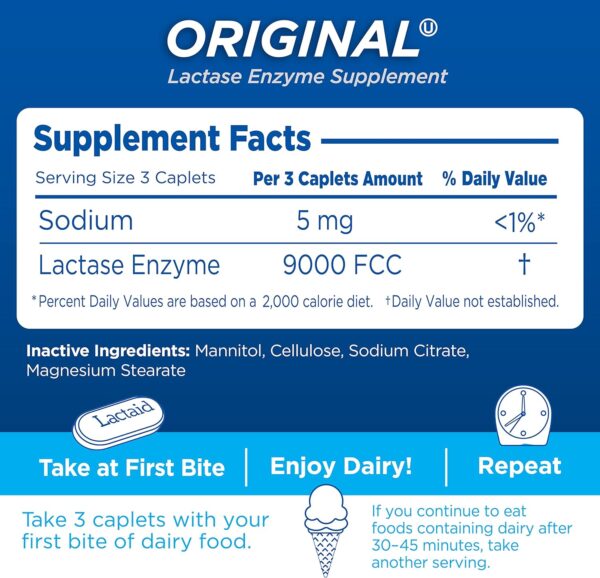 Lactaid Original Strength Lactose Intolerance Relief Caplets with Natural Lactase Enzyme, Dietary Supplement to Help Prevent Gas, Bloating & Diarrhea Due to Lactose Sensitivity, 120 ct - Image 4