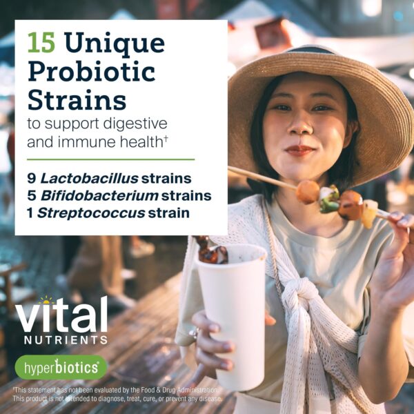 Hyperbiotics Vital Nutrients Pro-15 Pre + Probiotic | 15 Strains| Supports Occasional Constipation, Diarrhea, Gas & Bloating | Immune, Digestive & Gut Health | Shelf-Stable | Vegan | 60 Pearl Tablets - Image 3