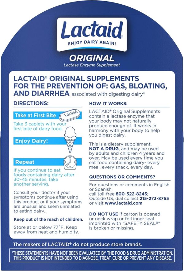 Lactaid Original Strength Lactose Intolerance Relief Caplets with Natural Lactase Enzyme, Dietary Supplement to Help Prevent Gas, Bloating & Diarrhea Due to Lactose Sensitivity, 120 ct - Image 3