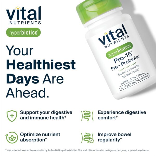 Hyperbiotics Vital Nutrients Pro-15 Pre + Probiotic | 15 Strains| Supports Occasional Constipation, Diarrhea, Gas & Bloating | Immune, Digestive & Gut Health | Shelf-Stable | Vegan | 60 Pearl Tablets - Image 2