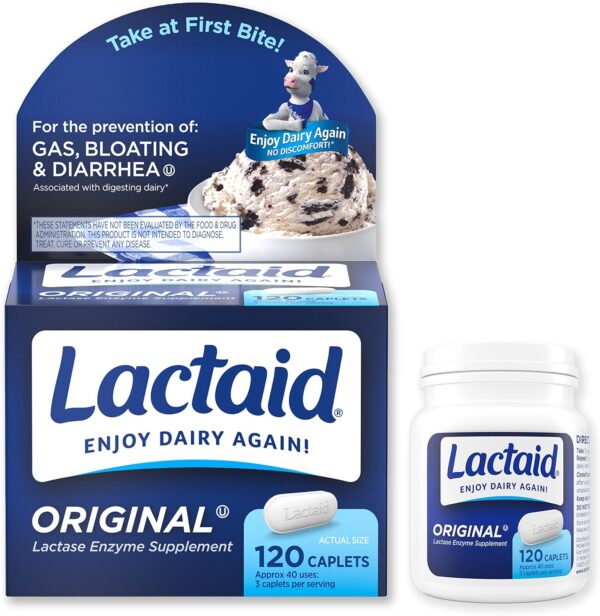 Lactaid Original Strength Lactose Intolerance Relief Caplets with Natural Lactase Enzyme, Dietary Supplement to Help Prevent Gas, Bloating & Diarrhea Due to Lactose Sensitivity, 120 ct - Image 2