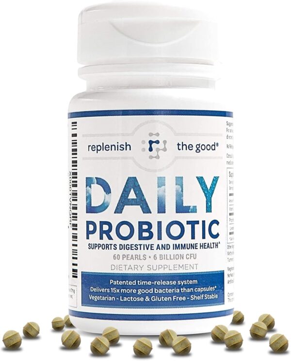 Daily Adults’ Probiotic, 60 Pearls- Vegan Supplement w/ 6 Billion CFU - Supports Digestive Health -Delivers 15x More Good Micro-Organism- Relieves Gas, Bloated Stomach & Acid Reflux