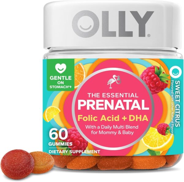 Olly The Essential Prenatal Gummy Multivitamin, 30 Day Supply ( Gummies), Sweet, Folic Acid, Vitamin D, Omega 3 DHA, Chewable Supplement, White Citrus, 60 Count (Pack of 1)