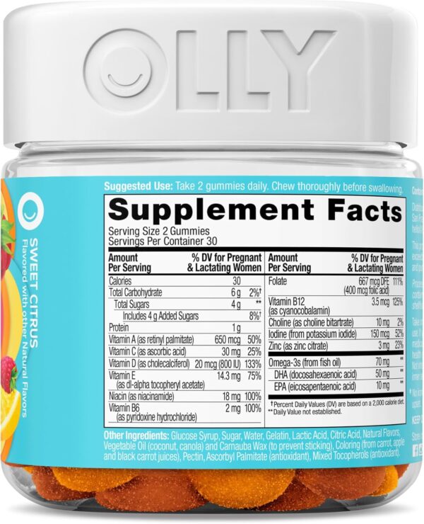 Olly The Essential Prenatal Gummy Multivitamin, 30 Day Supply ( Gummies), Sweet, Folic Acid, Vitamin D, Omega 3 DHA, Chewable Supplement, White Citrus, 60 Count (Pack of 1) - Image 5