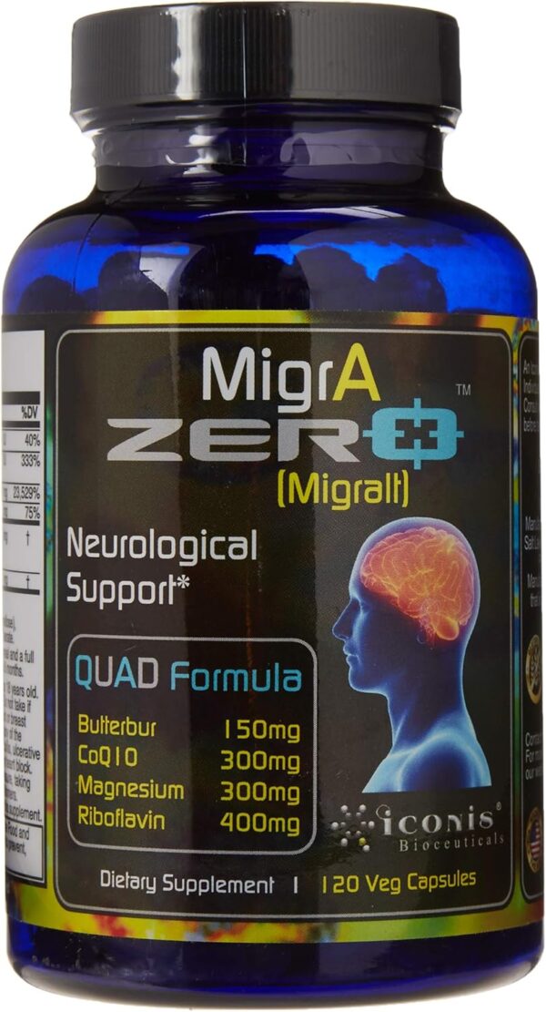 Migraine Relief, Quad-Formula with PA-Free Butterbur (150mg), CoQ10 (300mg), Magnesium Glycinate (300mg), High-Dose Riboflavin (400mg) - MigrA Zero (120 Caps) Optimal Dosing for Migraine Sufferers