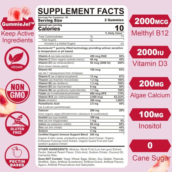 Sugar-Free Methylated Multivitamin for Women Gummies w/Algae Calcium, Vitamin A, C, D3, E, K, B12, Iron, Folate, Biotin, Inositol - Multi Vitamins & Minerals for Skin, Hair, Energy, Immune, Bone Vegan - Image 6