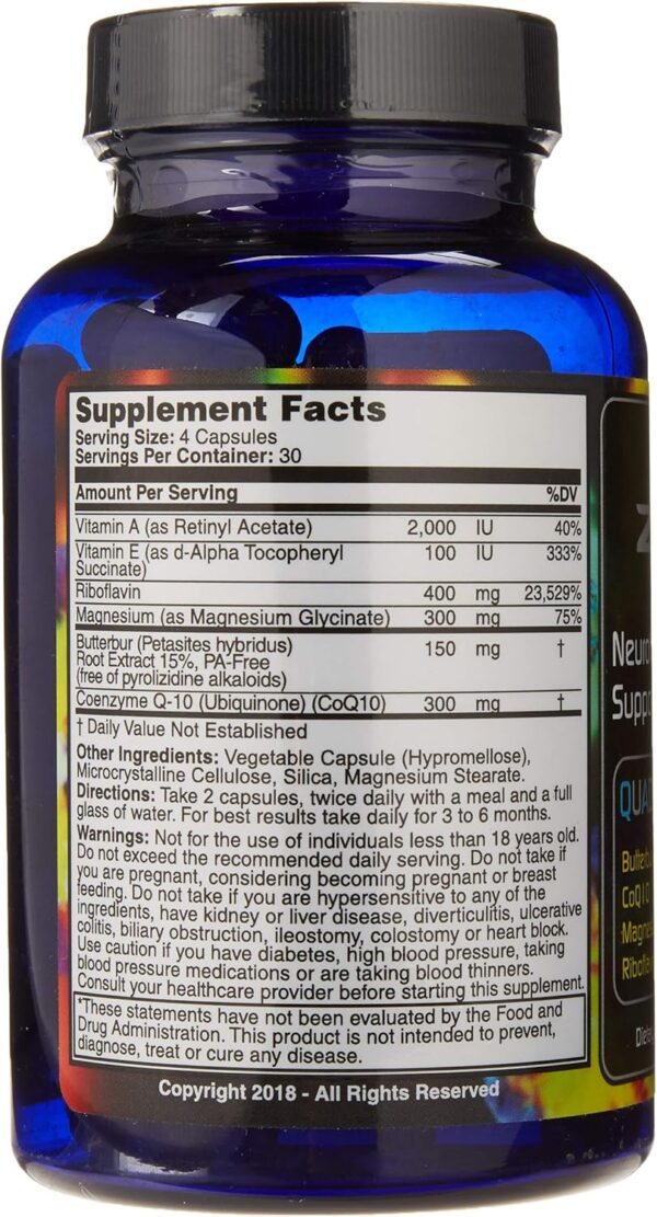 Migraine Relief, Quad-Formula with PA-Free Butterbur (150mg), CoQ10 (300mg), Magnesium Glycinate (300mg), High-Dose Riboflavin (400mg) - MigrA Zero (120 Caps) Optimal Dosing for Migraine Sufferers - Image 6