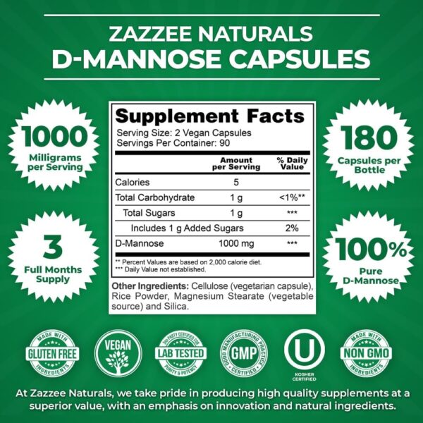 Zazzee D-Mannose, 1000 mg per Serving, 180 Vegan Capsules, 3 Month Supply, Potent & Fast-Acting, Certified Kosher, 100% Pure, All-Natural Urinary Tract Health UTI Support, 100% Vegetarian, Non-GMO - Image 6