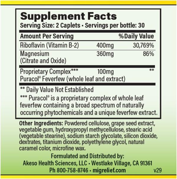 MigreLief Original Triple Therapy with Puracol - Nutritional Support for Migraine Sufferers - 60 Caplets/1 Month Supply - Image 2