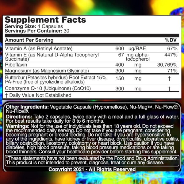 Migraine Relief, Quad-Formula with PA-Free Butterbur (150mg), CoQ10 (300mg), Magnesium Glycinate (300mg), High-Dose Riboflavin (400mg) - MigrA Zero (120 Caps) Optimal Dosing for Migraine Sufferers - Image 5