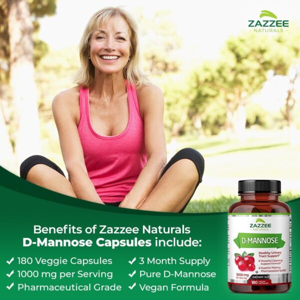 Zazzee D-Mannose, 1000 mg per Serving, 180 Vegan Capsules, 3 Month Supply, Potent & Fast-Acting, Certified Kosher, 100% Pure, All-Natural Urinary Tract Health UTI Support, 100% Vegetarian, Non-GMO - Image 5