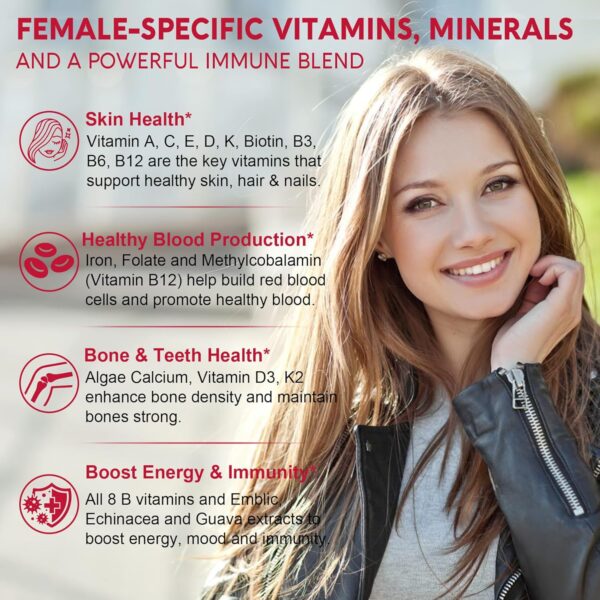 Sugar-Free Methylated Multivitamin for Women Gummies w/Algae Calcium, Vitamin A, C, D3, E, K, B12, Iron, Folate, Biotin, Inositol - Multi Vitamins & Minerals for Skin, Hair, Energy, Immune, Bone Vegan - Image 4