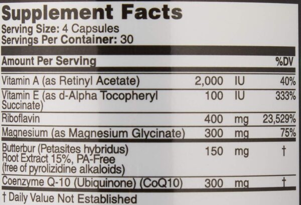 Migraine Relief, Quad-Formula with PA-Free Butterbur (150mg), CoQ10 (300mg), Magnesium Glycinate (300mg), High-Dose Riboflavin (400mg) - MigrA Zero (120 Caps) Optimal Dosing for Migraine Sufferers - Image 3