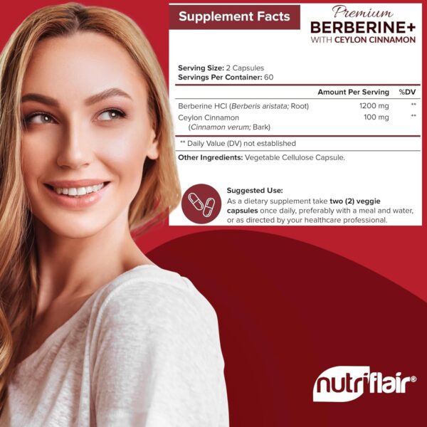 NutriFlair Premium Berberine HCL 1200mg, 120 Capsules - Plus Pure True Ceylon Cinnamon, Berberine HCI Root Supplements Pills - Immune System - yields an Optimal 8% Berberine - Image 4