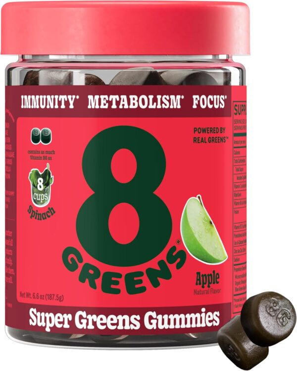 8Greens Supergreens Gummies | Super Greens Powder Superfood Gummy for Metabolism, Immunity & Focus, Digestive Health Enzymes, Organic: Chlorella, Spirulina, Aloe Vera, Apple Flavor, 50 Count