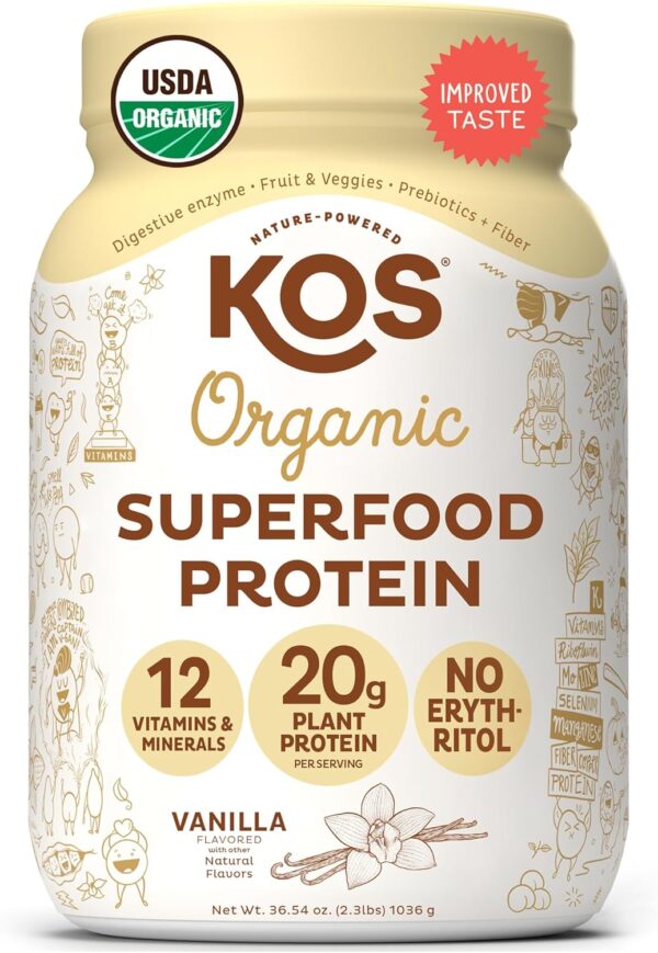 KOS Vegan Protein Powder Erythritol Free, Vanilla USDA Organic - Pea Protein Blend, Plant Based Superfood Rich in Vitamins & Minerals - Keto, Dairy Free - Meal Replacement for Women & Men, 28 Servings