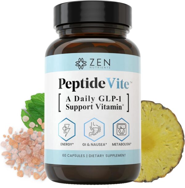 Zen Nutrients PeptideVite GLP-1 Support Vitamin for Gut Health with Probiotics, Bromelain, Chromium Picolinate & Organic Ginger (60 Capsules)