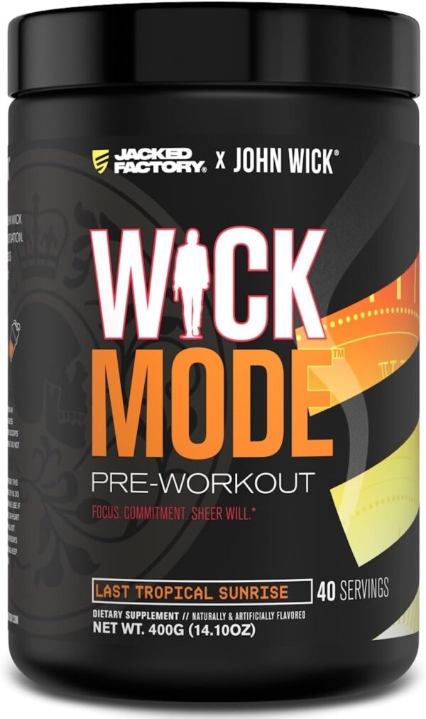 Jacked Factory X John Wick - Wick Mode Pre Workout Powder - Intense Energy, Battle-Ready Focus, Unstoppable Commitment, and Sheer Will - 40 Servings, Last Tropical Sunrise