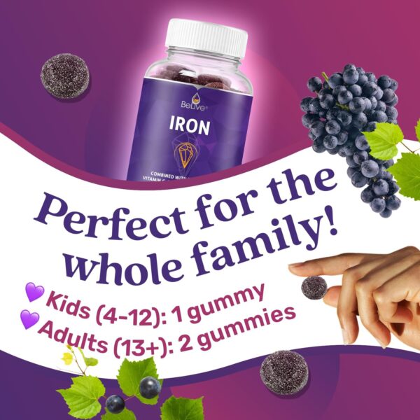 BeLive Iron Gummies - Multivitamin with Iron, Vitamins & Zinc for Blood Oxygen - Grape Flavor, Vegan Supplement for Women, Men & Kids - Image 5