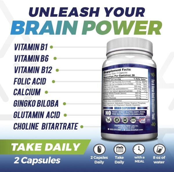 Brain Supplements for Memory and Focus - Ginko Biloba Capsules Brain Booster Supplement with B1, Folic Acid & Calcium - Memory Supplements for Cognitive & Brain Health 60 Capsules (1 Bottle) - Image 6