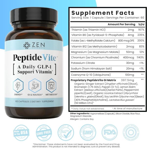 Zen Nutrients PeptideVite GLP-1 Support Vitamin for Gut Health with Probiotics, Bromelain, Chromium Picolinate & Organic Ginger (60 Capsules) - Image 3