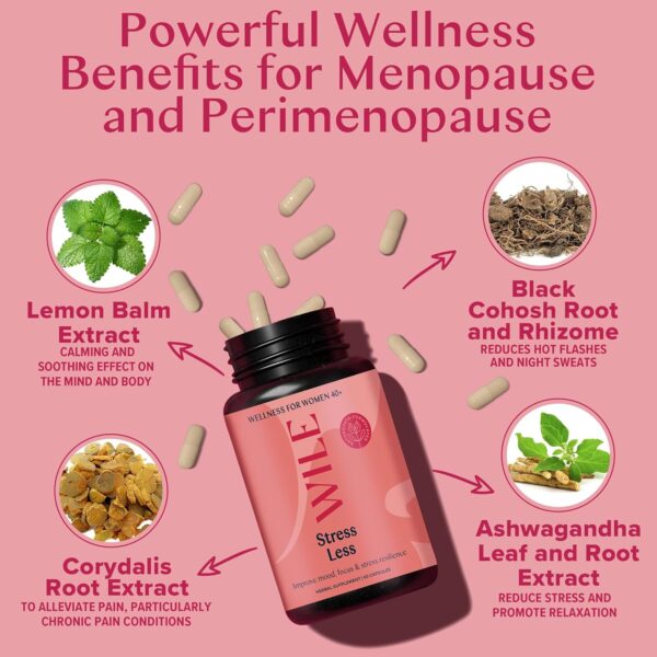 WILE Menopause & Perimenopause Supplements for Women with Ashwagandha - Stress Relief with Black Cohosh - Premenopausal Support for Improved Mood, Sleep, Hormone Balance - Vegan, 30 Servings - Image 4