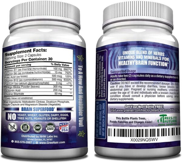 Brain Supplements for Memory and Focus - Ginko Biloba Capsules Brain Booster Supplement with B1, Folic Acid & Calcium - Memory Supplements for Cognitive & Brain Health 60 Capsules (1 Bottle) - Image 3